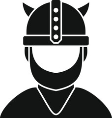 Black silhouette of a bearded viking warrior wearing a horned helmet with metal decorations