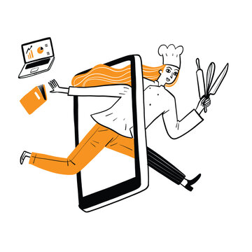 Hand drawn female chef stepping out of smartphone with kitchen tools, doodle vector illustration of online cooking class or food app.