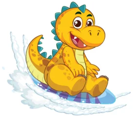 Fototapete Rund Kinder Playful Dinosaur Sliding on a Surfboard  © GraphicsRF