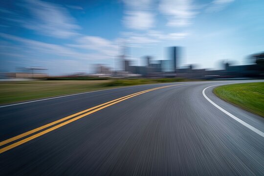 Drive into the future: fast-paced road leading to a vibrant, modern city skyline