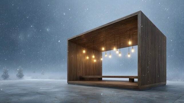 A minimalist wooden pavilion with glowing pendant lights offers a warm inviting shelter amidst a serene snow covered winter landscape - Powered by Adobe