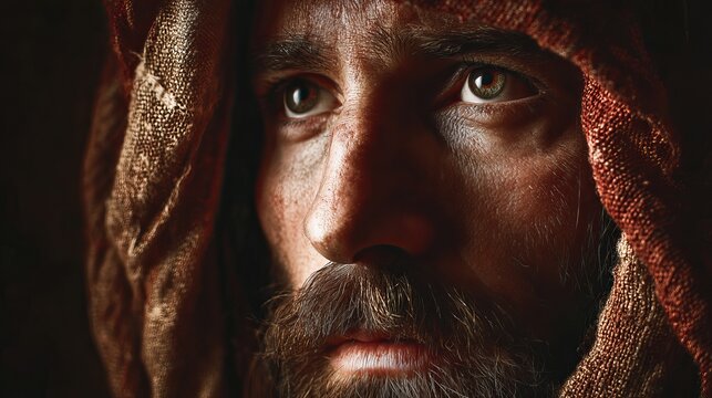 Intense gaze of a man shrouded in rustic fabric, evoking mystery and deep introspection, with a powerful, compelling portrait