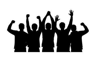 Silhouettes of diverse people with raised arms celebrating success and unity.
