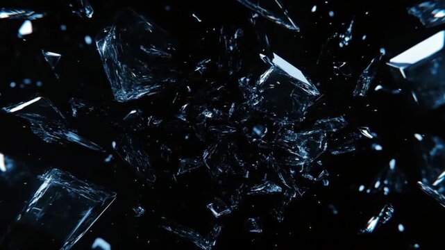 Shattered glass fragments explode against a dark backdrop, creating a dynamic and dramatic visual effect.
