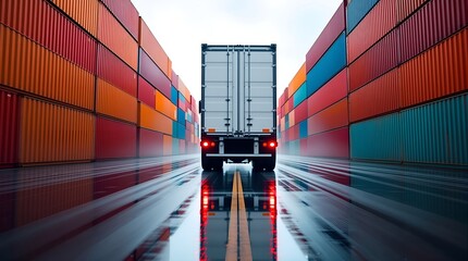 Fototapeta premium a vast cargo terminal, stacked shipping containers in vibrant shades of orange, red, and blue, reflecting the bright sunlight, industrial landscape, streamlined perspective,