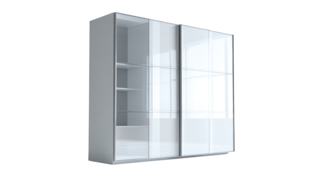 Modern white wardrobe with sleek sliding translucent glass doors and internal shelving, featuring a minimalist design on a transparent background. background removed