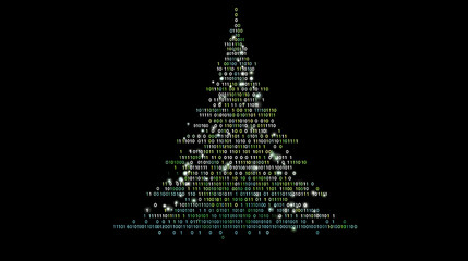 a minimal christmas tree made of binary code in a black background