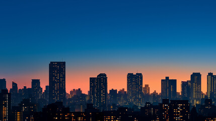 Obraz premium skyscrapers. A warm evening cityscape with glowing lights, reflecting modern urban charm at twilight. travel magazines, destination branding, designed for travel destination branding.