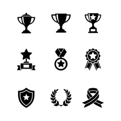 Minimalist vector set of 9 solid black award and trophy silhouettes: includes cups, medals, crowns, laurels, and a podium. Perfect for recognizing winners, sports, competition, and corporate achievem
