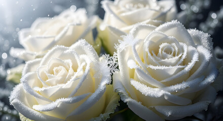 Macro shot of delicate white roses with water droplets showcasing their beauty close up