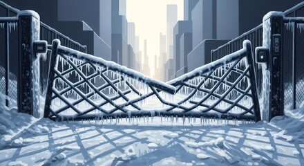 Naklejka premium Broken winter gate covered in ice and snow with city buildings in background. Urban scene during cold weather freeze concept.