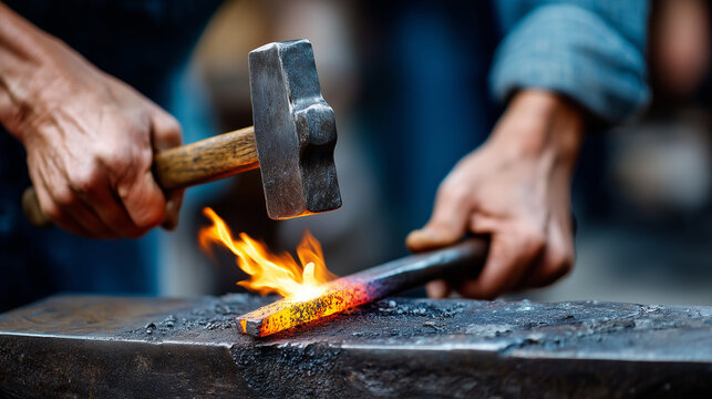 clouse up Blacksmith hammering hot metal - Powered by Adobe