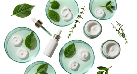 Assorted skincare products with green leaves in light blue bowls on clean background isolated on transparent background
