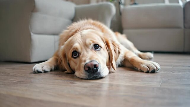 Golden Retriever puppy with sleepy eyes and pink nose relaxing on living room floor, possibly after playtime.