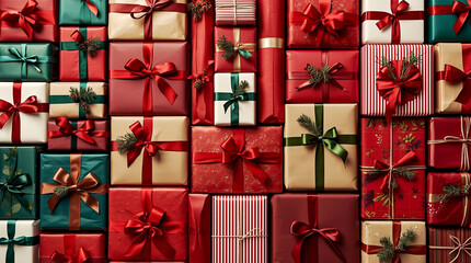 Colorful collection of Christmas gift boxes arranged in a festive pattern, wrapped in red and green paper with ribbons, bows and holiday decorations creating a warm seasonal atmosphere