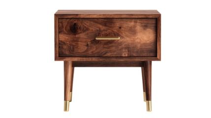 Elegant dark brown wooden nightstand with a single drawer, brass handle, and tapered legs with golden caps. Modern side table. background removed