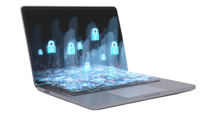 Laptop displaying digital security concepts with glowing blue padlocks emerging from data streams, symbolizing robust online protection and privacy. background removed