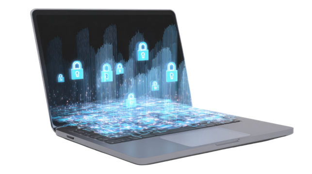 Laptop displaying digital security concepts with glowing blue padlocks emerging from data streams, symbolizing robust online protection and privacy. background removed