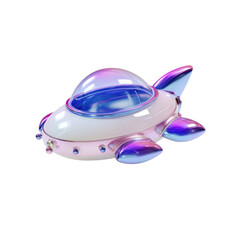 Fototapeta premium A whimsical, futuristic spaceship render featuring a sleek white body with iridescent pink and blue details, topped by a transparent dome. background removed