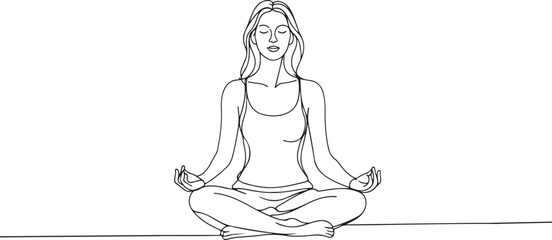 Obraz premium Continuous line drawing of a girl sitting cross-legged meditating yoga on a isolated background. A women sitting yoga on yoga, meditation, healthy body, and relaxation. Vector Illustration Design.