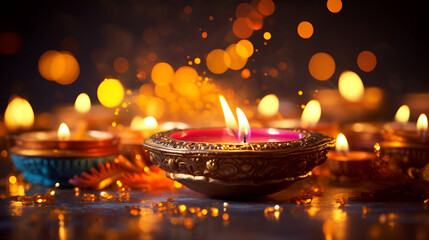 Indian festival Diwali, Diya oil lamps lit on colorful rangoli. Hindu traditional.Celebrating the Festival of Lights
