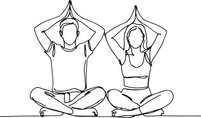 Continuous line drawing Couple sitting cross-legged meditating yoga on a white background. A man and a women sitting yoga on yoga, meditation, healthy body, and relaxation.  Vector illustration.