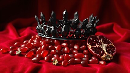  Obsidian crown and pomegranate seeds on crimson velvet in dramatic lighting. 