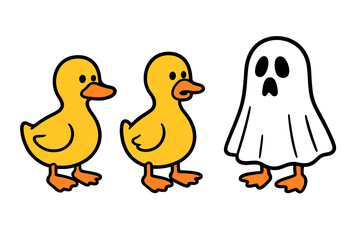 Two cute ducklings facing a surprised cartoon ghost character