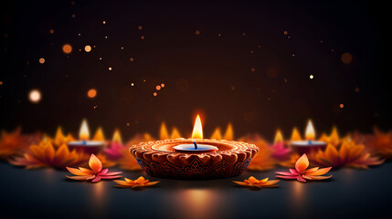 Indian festival Diwali, Diya oil lamps lit on colorful rangoli. Hindu traditional.Celebrating the Festival of Lights
