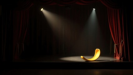 Empty stage with a single spotlight illuminating a prop on the floor. 