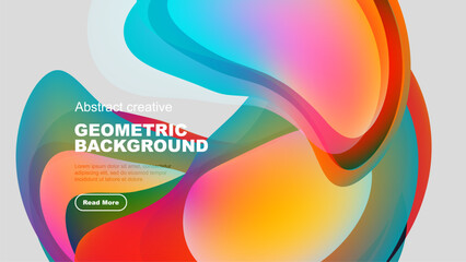 Colorful abstract shapes overlap black background. Dynamic composition features vibrant gradients, text elements, button. Modern design.