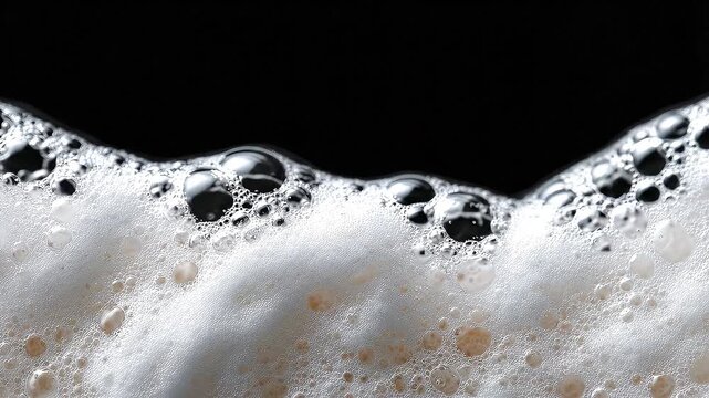 Beer foam crests against a dark backdrop bubbles vary in size creating a textured frothy surface