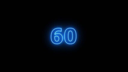 Glowing blue Neon number 60 on black background. 60 number countdown timer 4k image.	