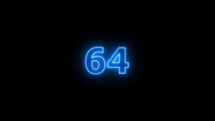 Glowing blue Neon number 64 on black background. 64 number countdown timer 4k image.	