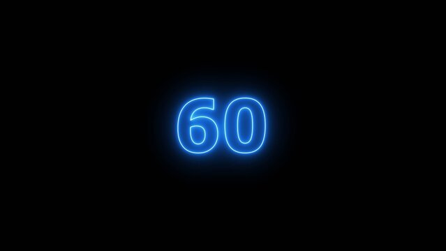Glowing blue Neon number 60 on black background. 60 number countdown timer 4k image.	