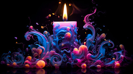 Immerse yourself in the mystical world of this vibrant otherworldly candlewick, showcasing a brilliant glow that emanates a soothing and radiant light.Burning candle with reflection on water. Colorful