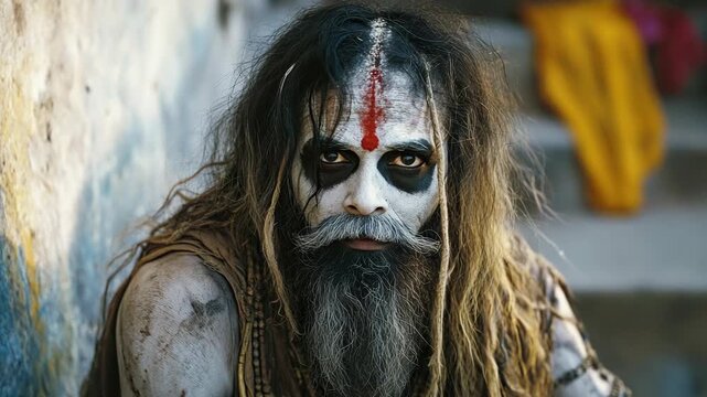 A man with a beard and dreadlocks is wearing a white shirt and red paint on his face