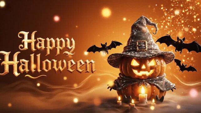 Halloween pumpkin with witch hat and bats spooky season decoration for october fest