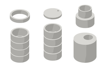 Isometric set of concrete sewer pipe sections and manhole components
