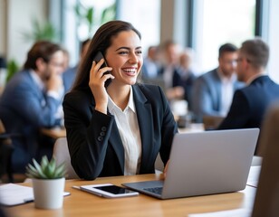 Businesswoman smiling, talking on the phone and working on a laptop in the office among colleagues.