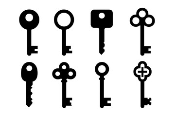 Eight black silhouette icons of antique and modern keys