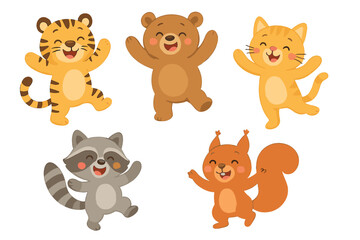 Fototapeta premium Five cheerful cartoon wild animals jumping and dancing together
