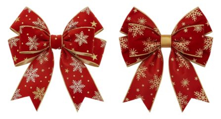 Red Christmas Ribbon Bows with Gold Snowflake Pattern on Transparent Background