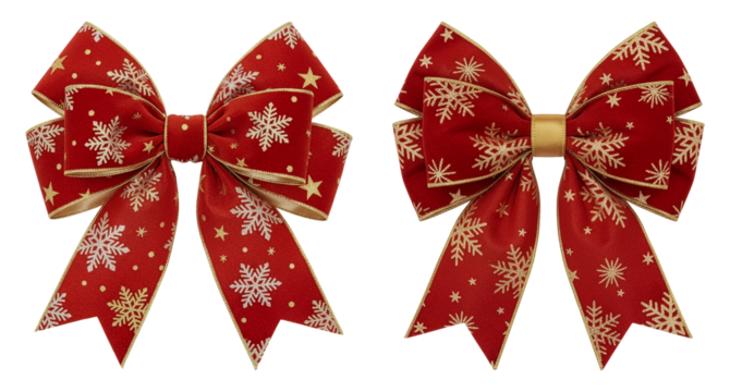 Red Christmas Ribbon Bows with Gold Snowflake Pattern on Transparent Background