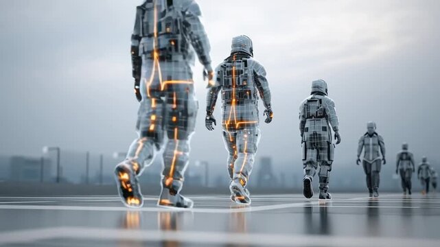 Humanoide Roboter marschieren in einer Reihe, Generative AI