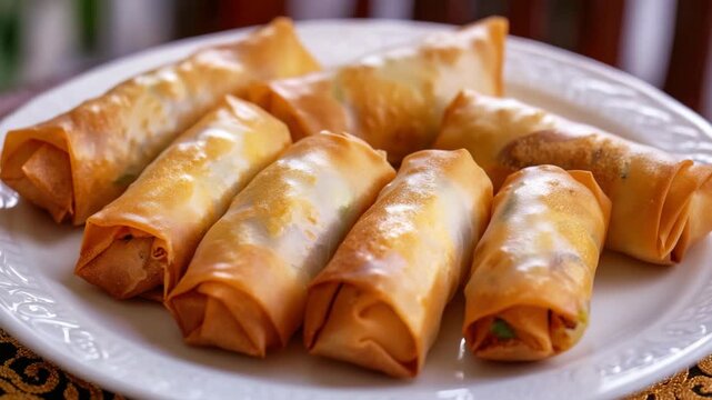 Tray of delicious, freshly cooked egg rolls with vegetable fillings, served for dinner parties or as an entree at gourmet dinners.