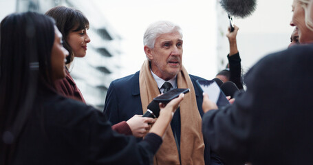 Politician, man or talk with reporter for election results announcement, campaign opinion or...