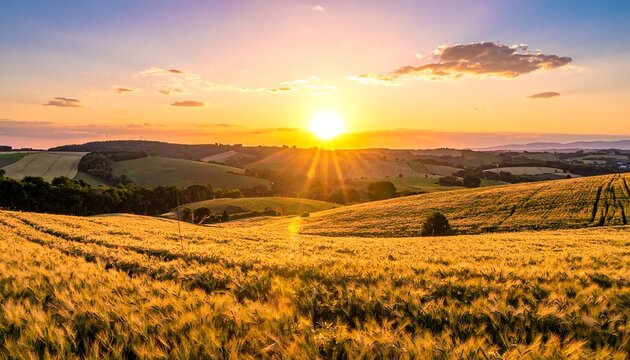 A vibrant sunset casts golden rays over rolling hills and cultivated fields. A bright sun sets in the center