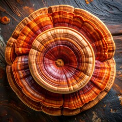 Close-up image of a vibrant, layered mushroom on a wooden surface
