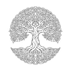 Celtic Tree of Life Vector – Yggdrasil Tree Knotwork Circle Design, Roots and Branches Mandala Vector Illustration, isolated black and white art